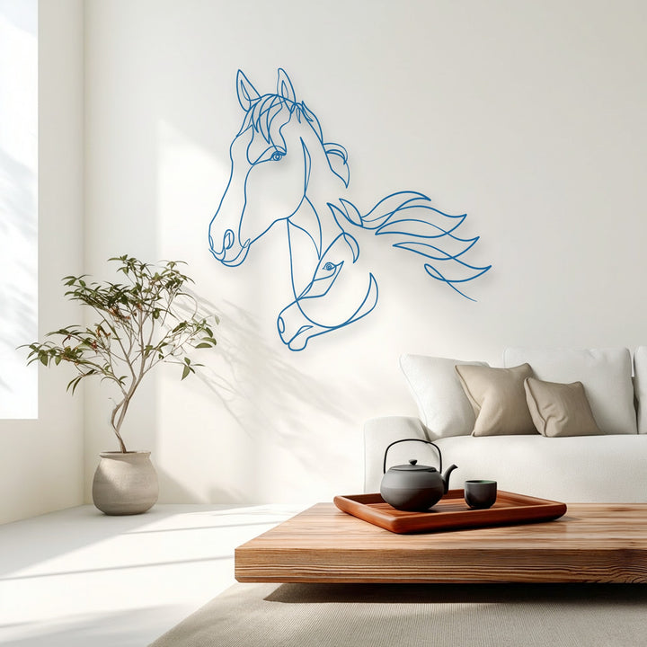 Stillness is conveyed by the elegant unique metal wall art, an azure dual horse line art floating gracefully on a pristine white wall.