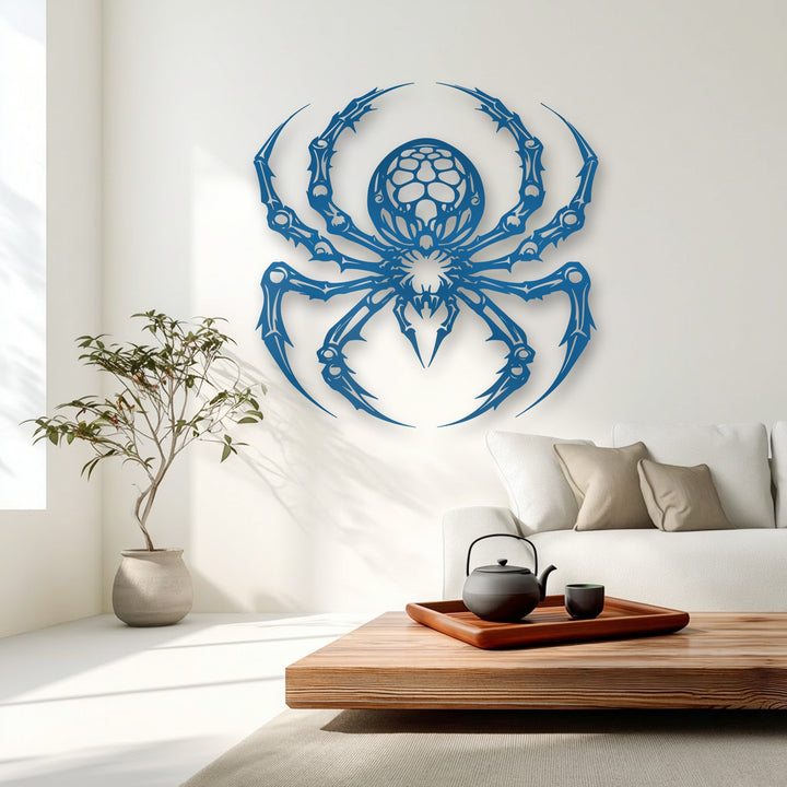 The organic forms of this stylized azure gothic spider unique metal wall art display intricate details against a bright, minimalist backdrop.