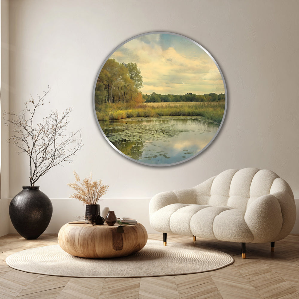 Layered with depth, the oil painting reproduction print displays a golden meadow landscape reflecting serene water, adding a tranquil dimension to any room.
