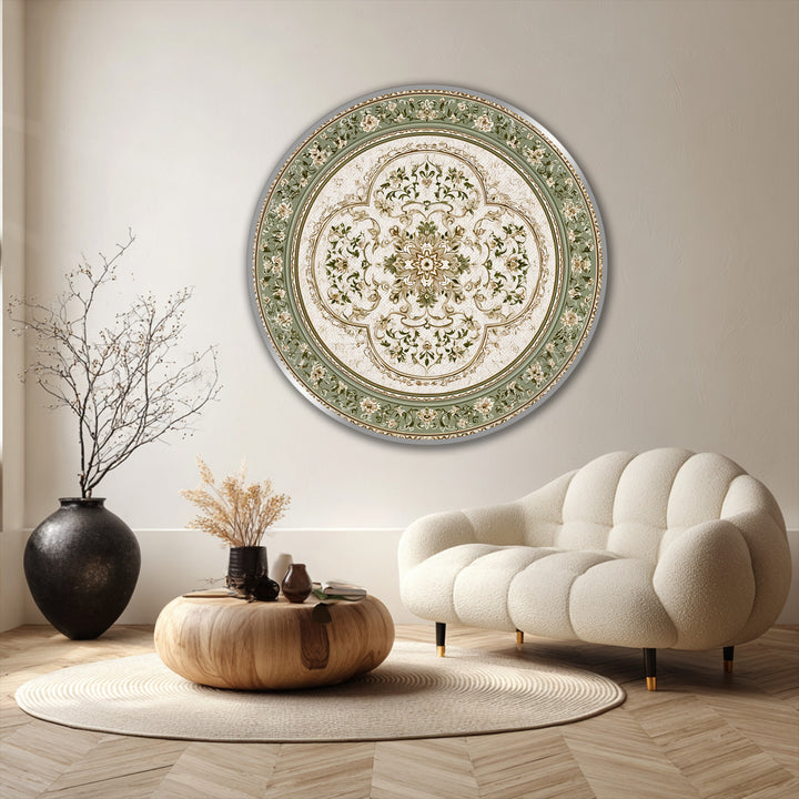 Defined by the deepest shadows, this oil painting home decor features a round vintage sage green floral mandala in a circular frame.