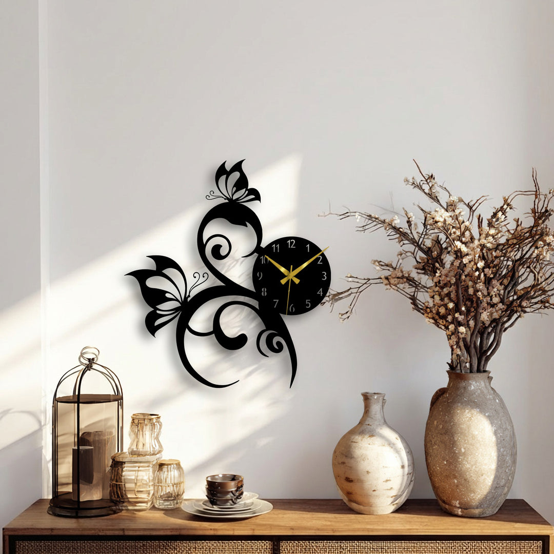 Dramatic light and shadow create elegant color transitions across the white wall and warm vases, enhancing the focal butterfly vine metal art for wall.