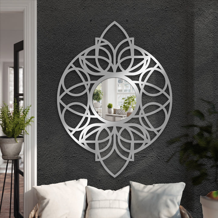 Revealing its abstract quality, the circular mandala mirror presents a captivating design for decorating with wall mirrors, showcasing geometric patterns in a stylish, modern aesthetic.