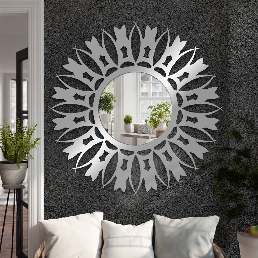 Textured wall accentuates the intricate surface of this decorative floral sunburst floor mirror, offering dimension and depth while decorating with wall mirrors.