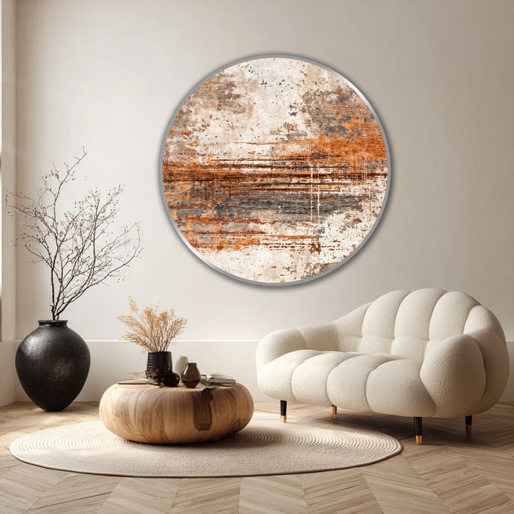 Distracting from the decor, the round Rust Horizon Texture showcases its bold, earthy tones in this abstract oil painting wall art.