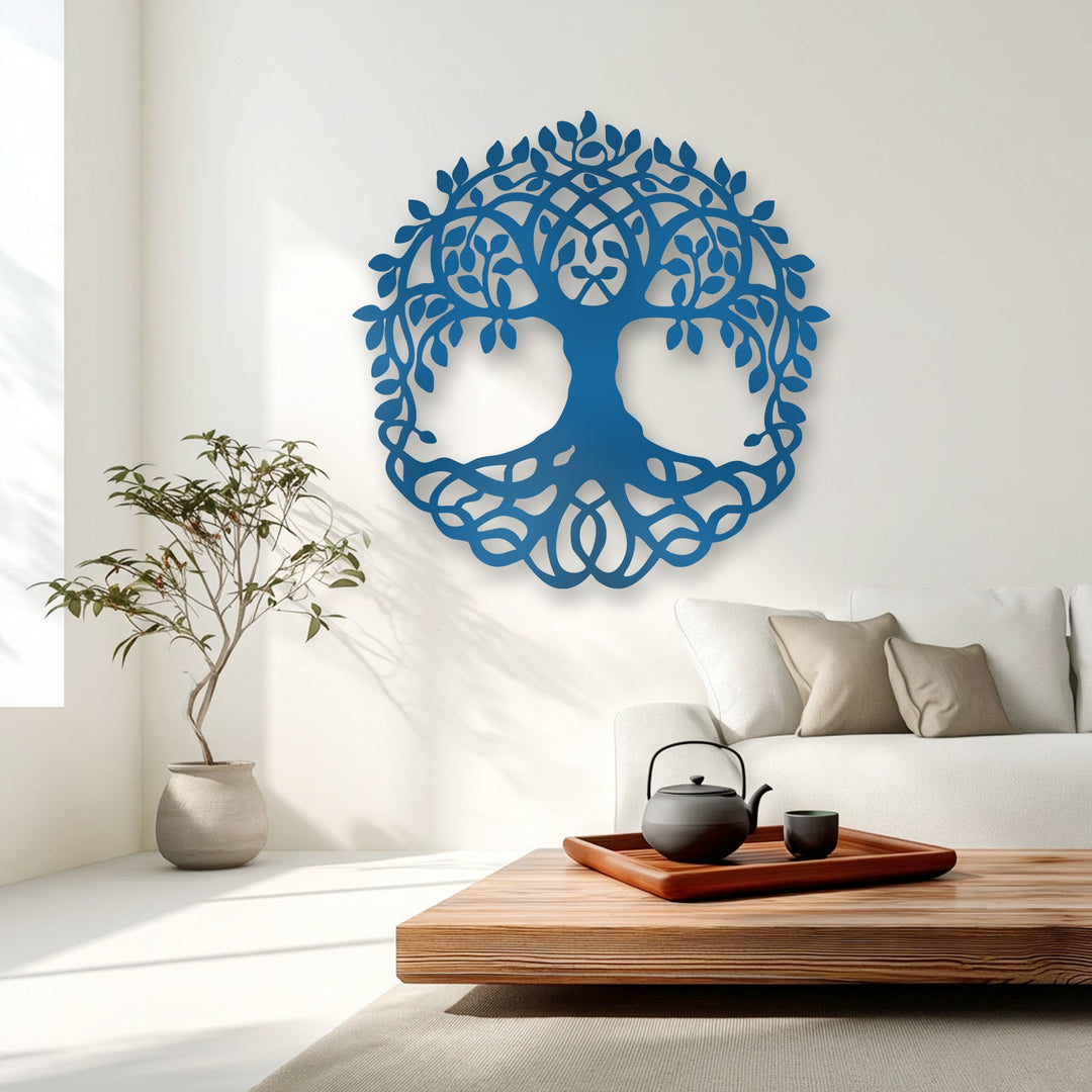 The stillness of a serene living room features an elegant Celtic Tree of Life metal art for wall, perfectly complementing the tranquil atmosphere.