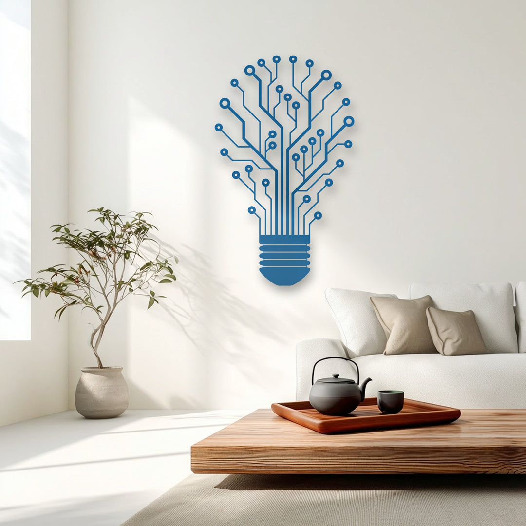 The smooth, precise lines of the blue decorative metal art tech tree lightbulb create a sleek texture against the white wall.