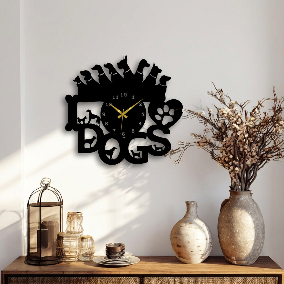 The focal point is a stylized black dog lovers metal wall clock, a unique decorative metal art piece featuring dog silhouettes and a paw print.