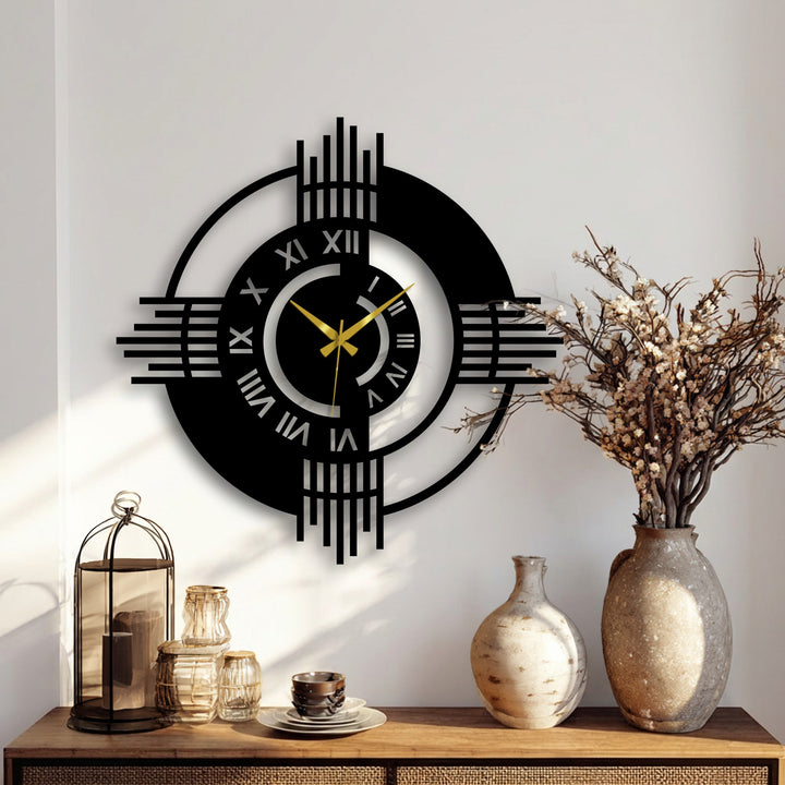 Textured surface of the modern Roman numeral geometric metal artwork clock reveals a sleek, contemporary home decor piece.