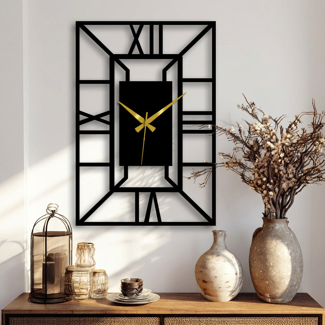 The deepest black defines the center of the architectural frame geometric metal wall clock, showcasing unique metal wall art with gold hands and bold, linear design.