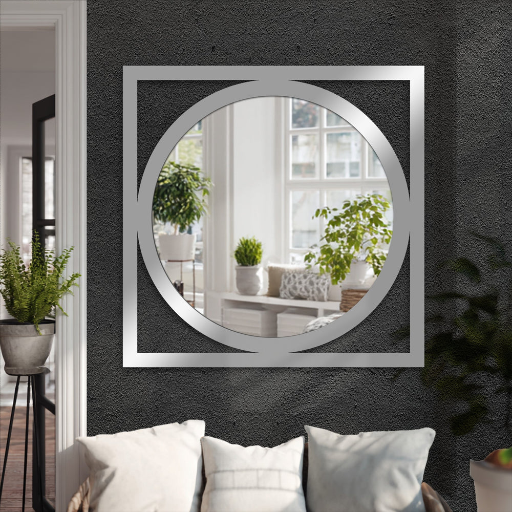 Reflecting the brightest area, this square frame round mirror for wall decor features a modern design ideal for illuminating minimalist and contemporary spaces.