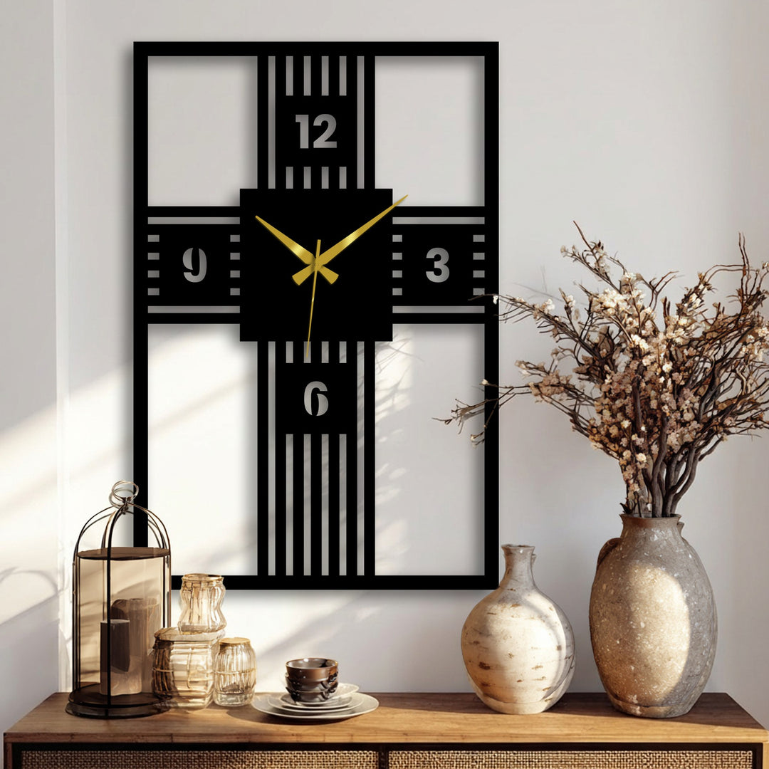 Subtle light and shadow accentuate the bold structure of the modern cross geometry metal wall clock, a piece of unique metal wall art that adds depth to the room.