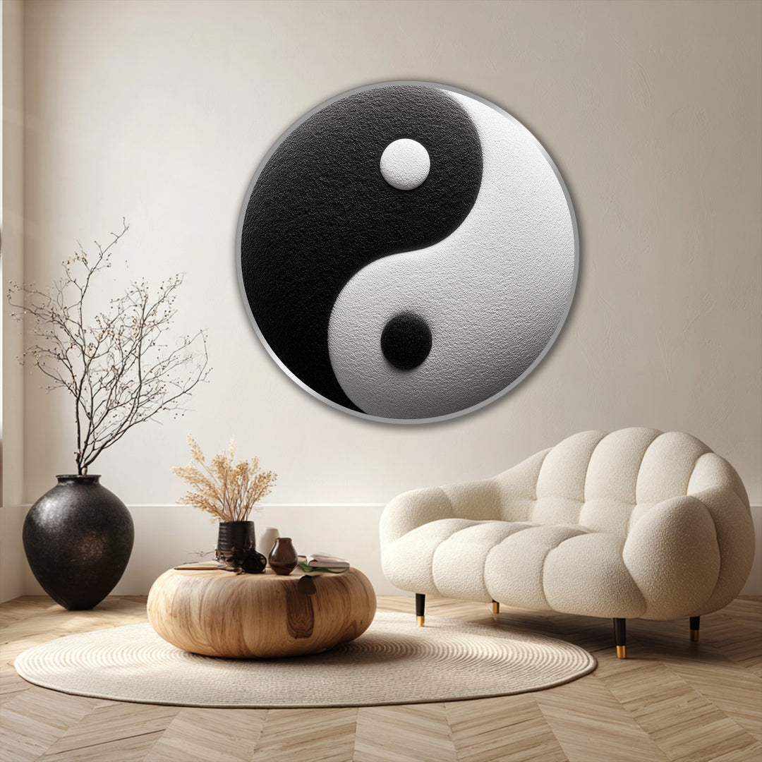Subtly textured, neutral background complements the striking circular black and white oil painting wall art depicting the eternal balance of the yin yang symbol.
