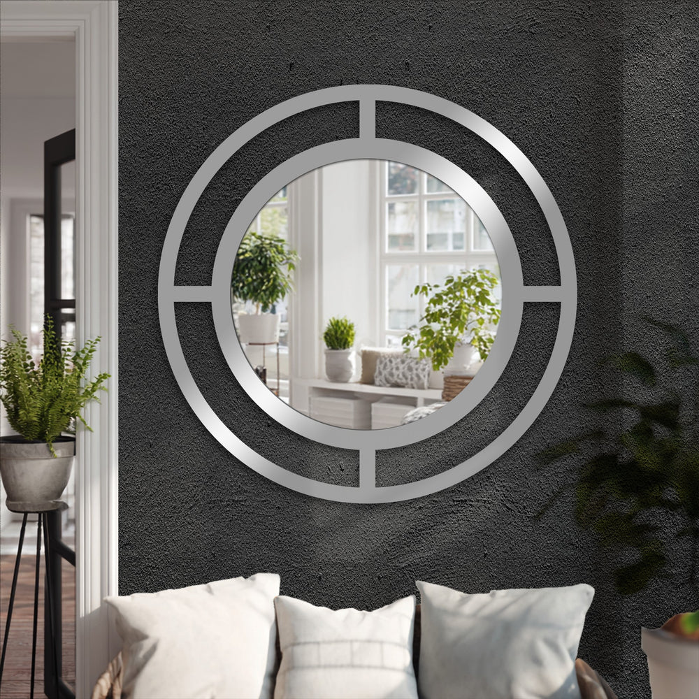 The stillness captured in this modern decorative mirror shows its double ring black frame reflecting a peaceful room, adding depth and quiet elegance.