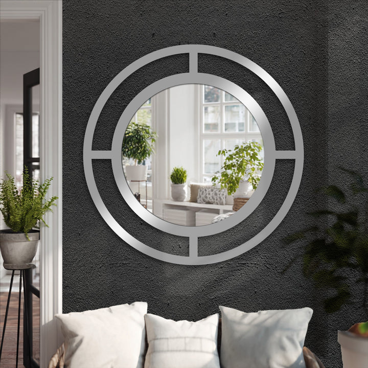 The stillness captured in this modern decorative mirror shows its double ring black frame reflecting a peaceful room, adding depth and quiet elegance.