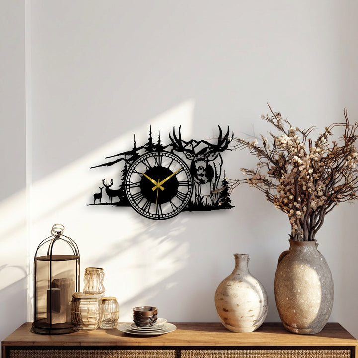 Delicate dried flowers in a rustic vase softly complement a majestic deer forest unique metal wall art clock, creating a serene ambiance.