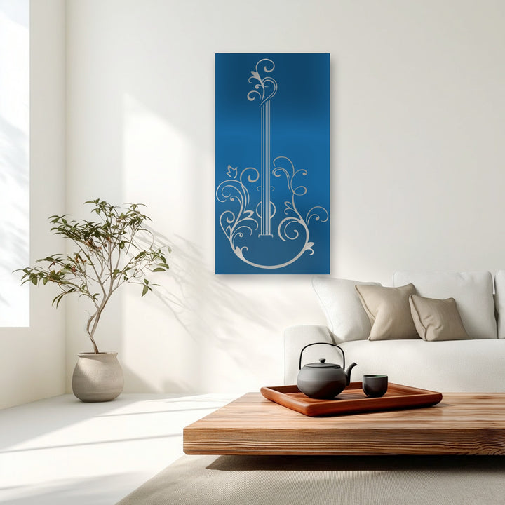 Focusing on the transition between colors, this elegant guitar silhouette metal artwork features a seamless gradient from azure to deep sapphire.