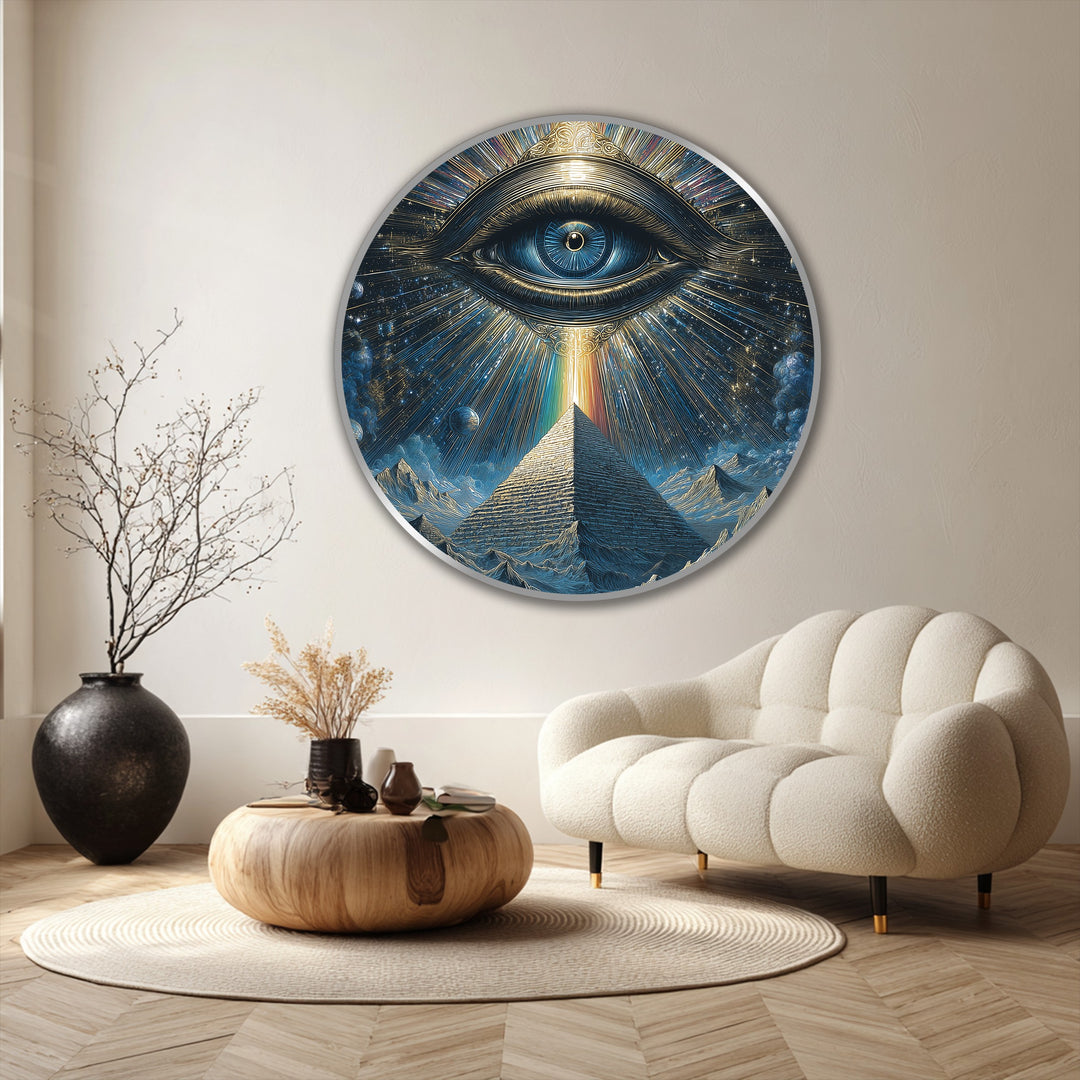 Focal point of the celestial vision oil painting decoration highlights the mystical pyramid eye's cosmic detail and golden accents against the deep blue hues.