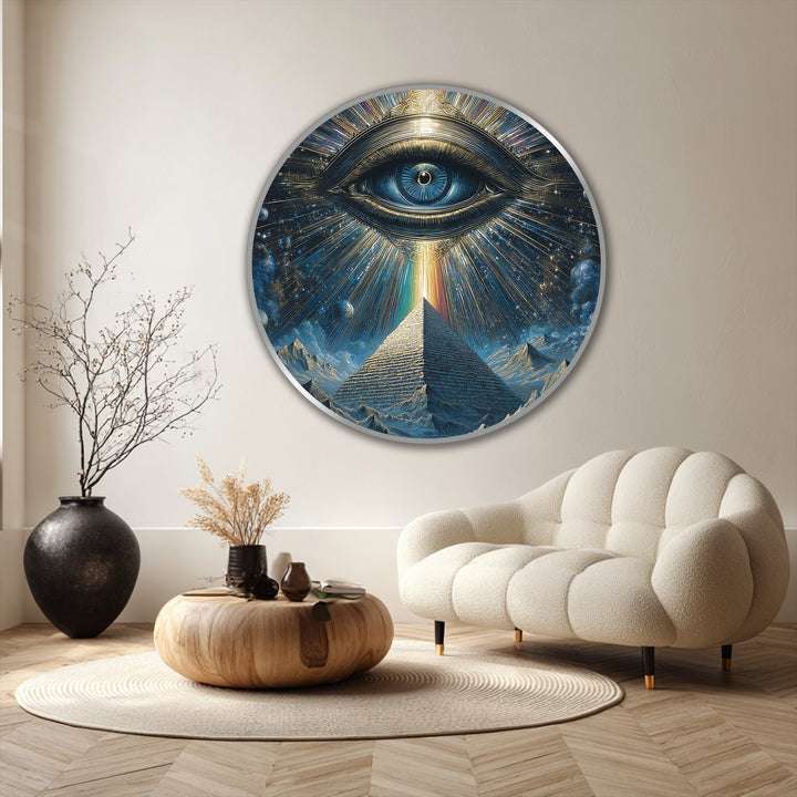 Focal point of the celestial vision oil painting decoration highlights the mystical pyramid eye's cosmic detail and golden accents against the deep blue hues.