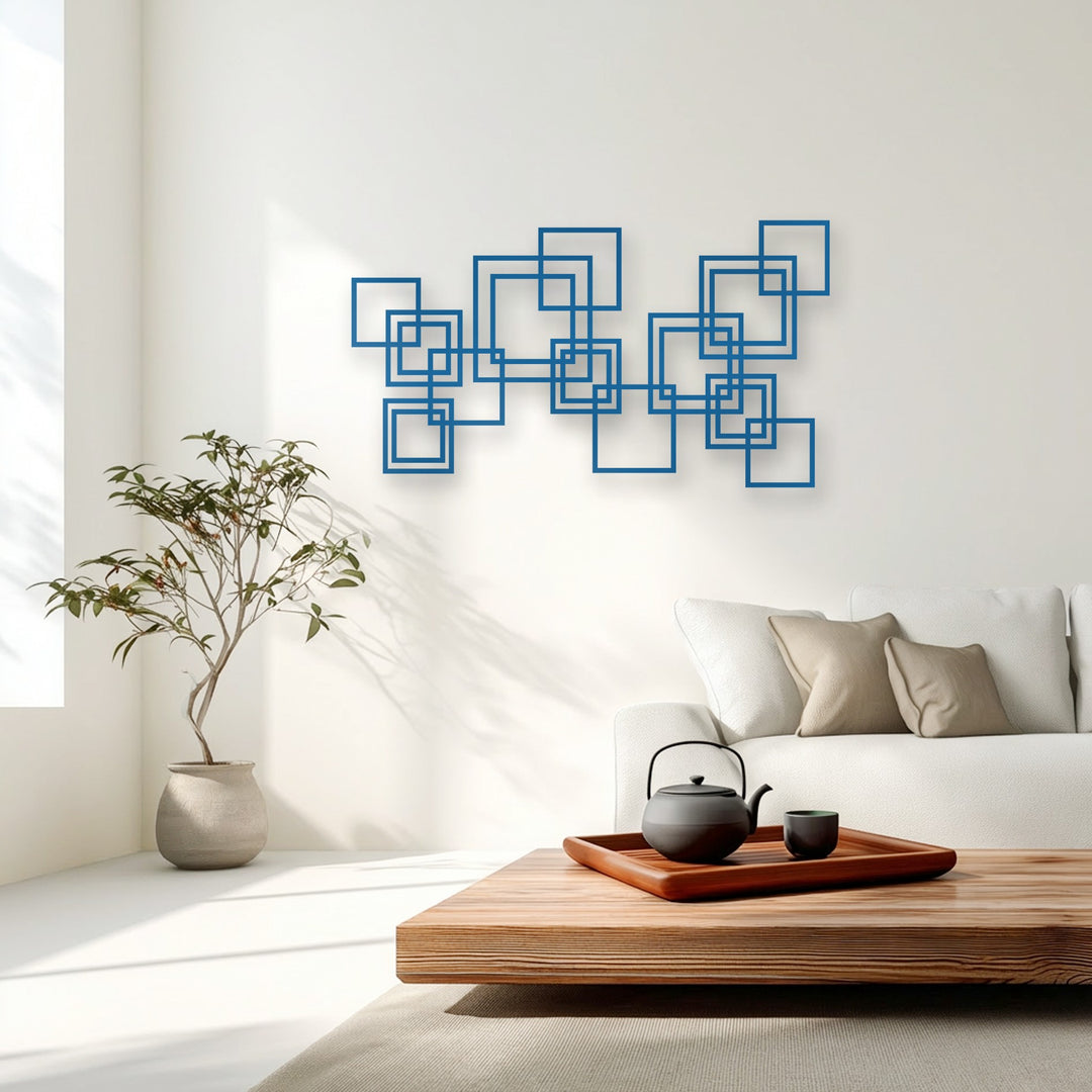The unique metal wall art features a modern geometric design with horizontally oriented, interconnected azure squares forming an abstract pattern.