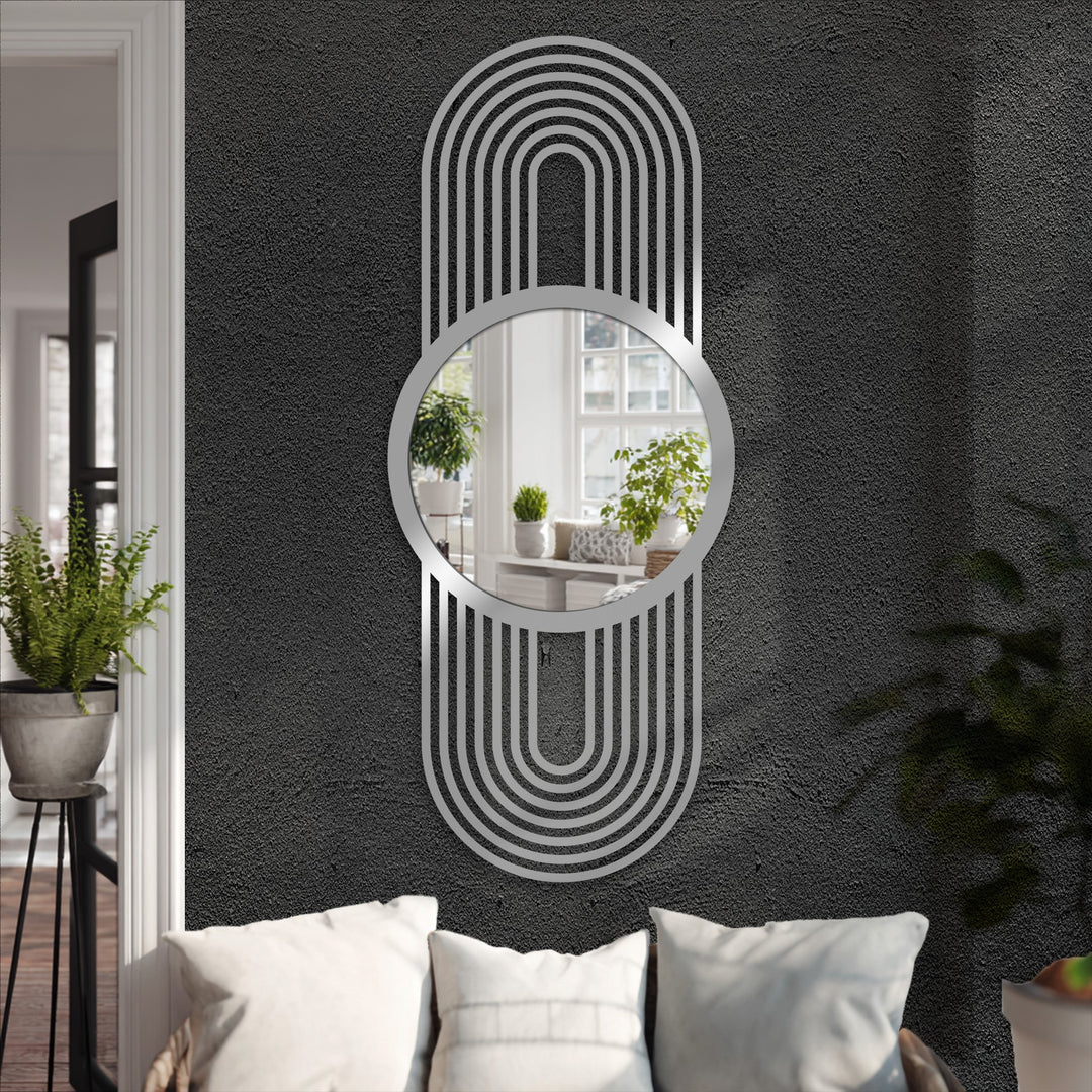 Gray tones dominate this modern arch line floor mirror, creating a sleek focal point as a stunning piece of metal art for wall.