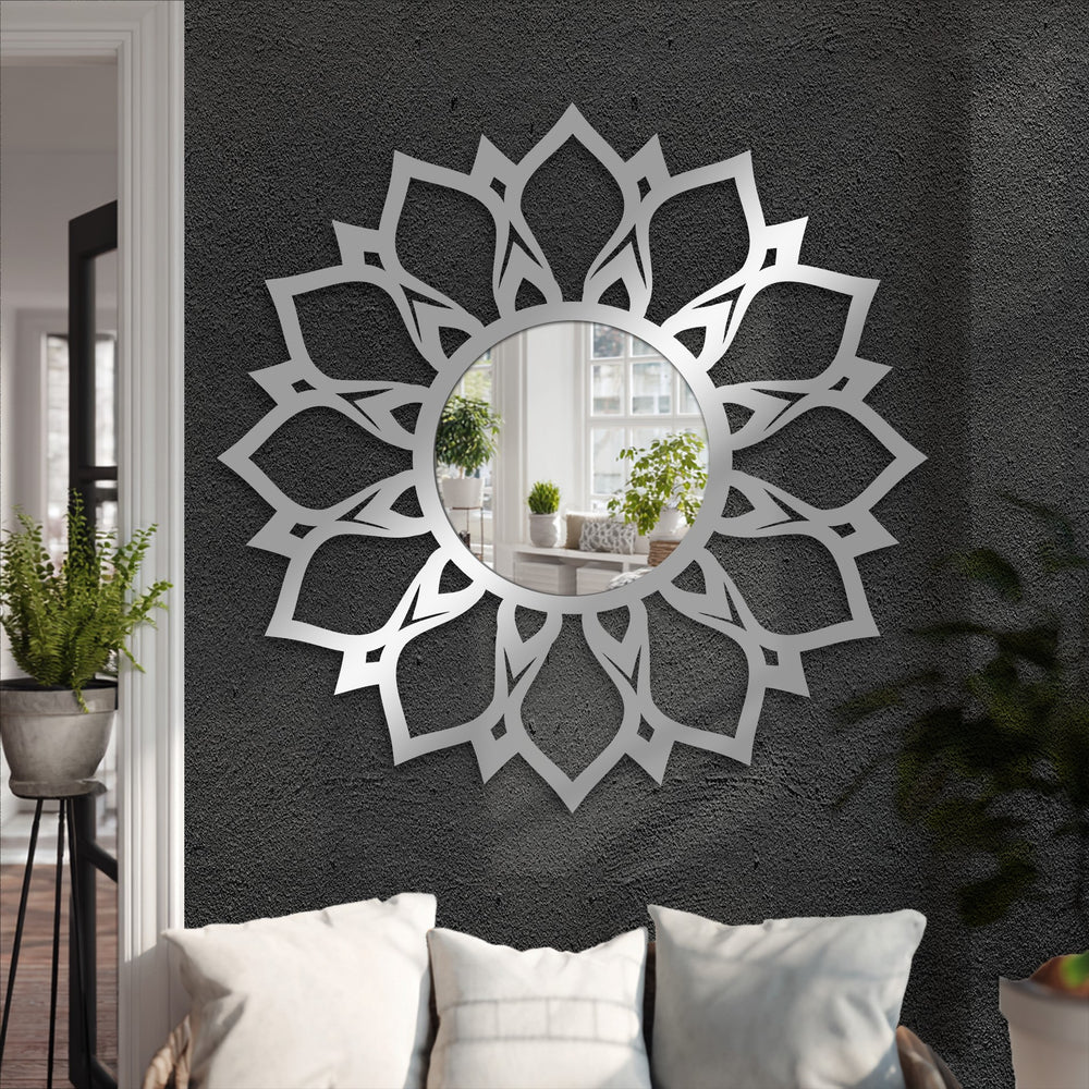 Ornate lotus-shaped stained glass wall mirror showcasing its elaborate floral edges and reflective circular border, adding sophisticated charm to the interior.
