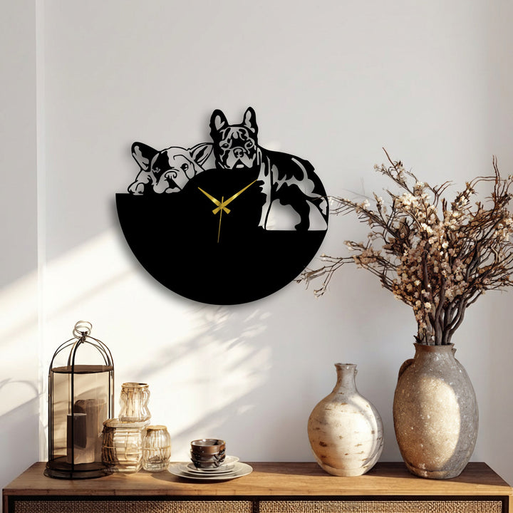 Soft light reflects on the adorable bulldog metal wall clock's unique design, making it a charming piece of modern dog design wall prints.