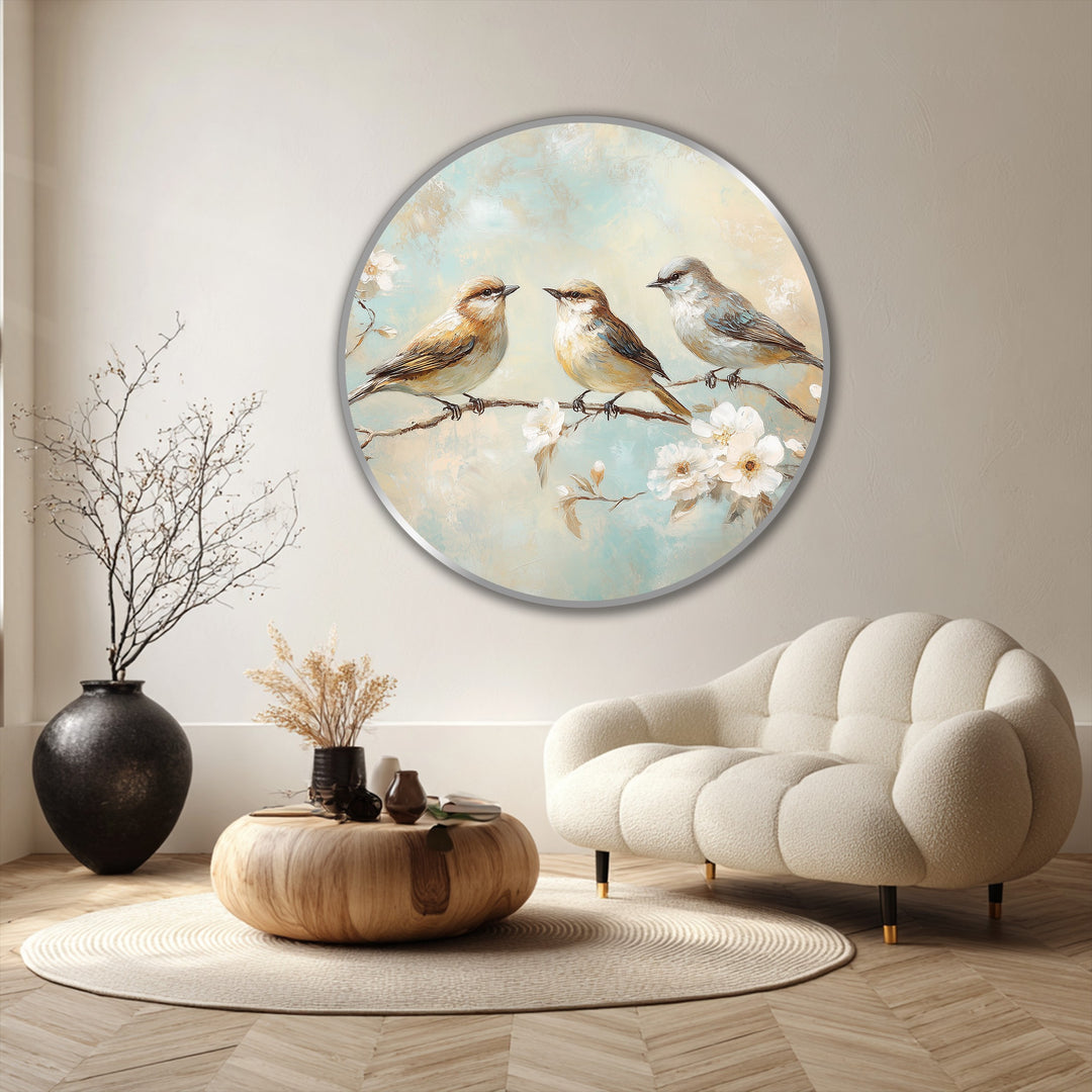 Subdued color saturation enhances the delicate charm of this 'Whispering Blossoms' round oil painting featuring three songbirds, perfect for oil painting home decor.