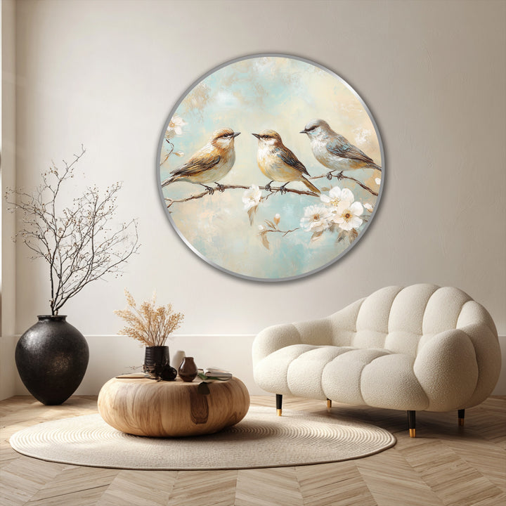 Subdued color saturation enhances the delicate charm of this 'Whispering Blossoms' round oil painting featuring three songbirds, perfect for oil painting home decor.