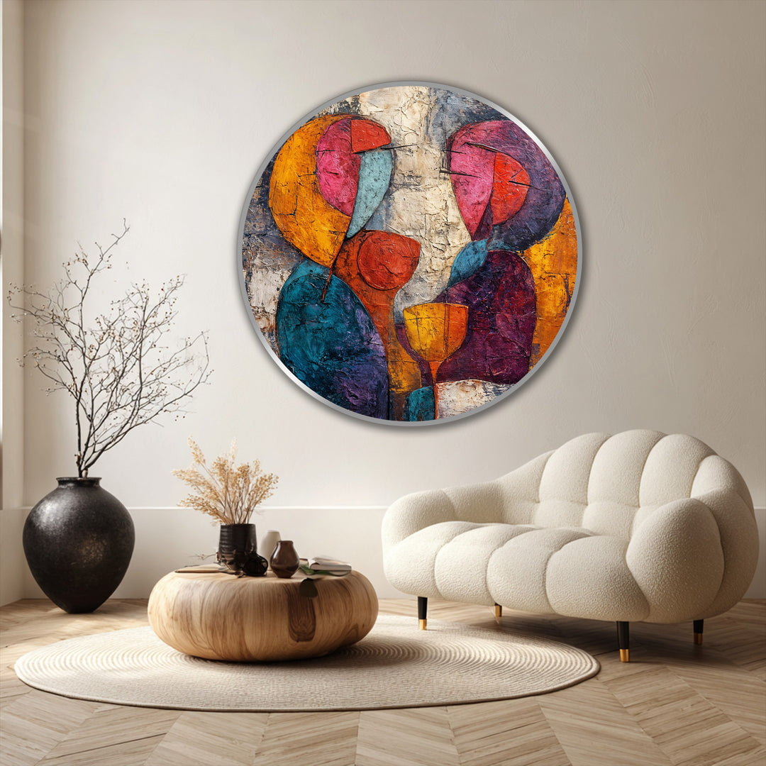 Warm and cool tones blend harmoniously in this abstract lovers round oil painting artwork, creating a visually balanced and engaging color temperature.