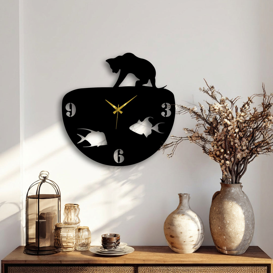 Soft morning light casts distinct shadows across the modern cat and fish bowl metal wall clock, enhancing this unique decoration wall art.