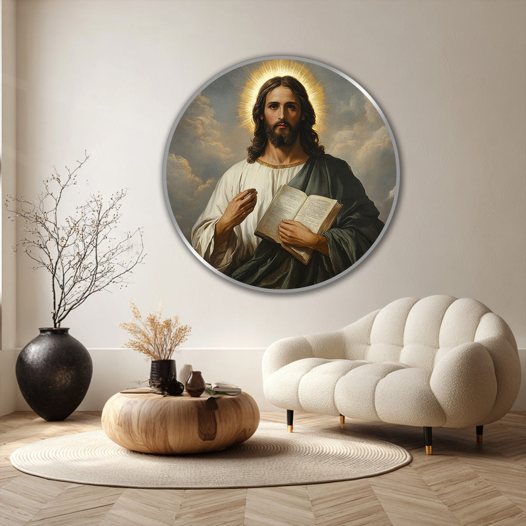 Circular Sacred Light oil painting features a radiant geometric design within its frame, enriching home decor with faith and divine light.