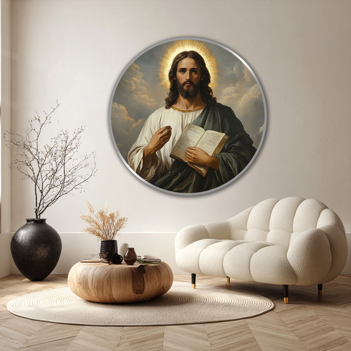 Circular Sacred Light oil painting features a radiant geometric design within its frame, enriching home decor with faith and divine light.