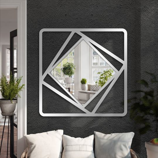 Showcasing its geometric elements, this rotated square layers metal wall mirror presents striking metal artwork through its layered and rotated geometric design.