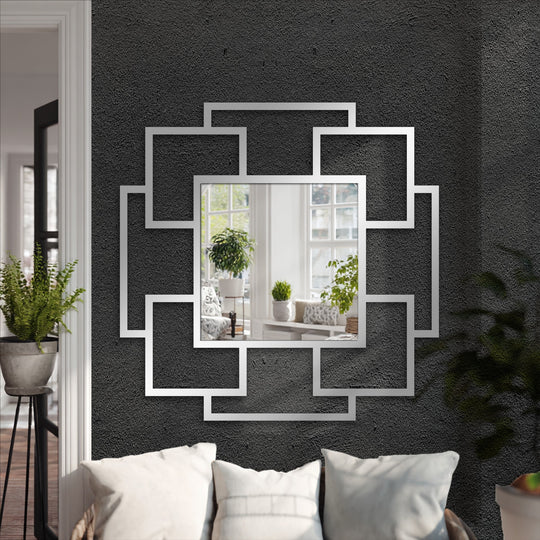 Realistic detail highlights the cascade squares layered geometric wall mirror featuring a precisely framed wall mirror within a modern square metal overlay.