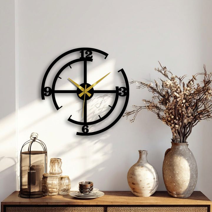 Shadowy essence highlights the modern black geometric minimalist wall clock as an artistic piece of metal wall decor casting subtle darkness on the wall.