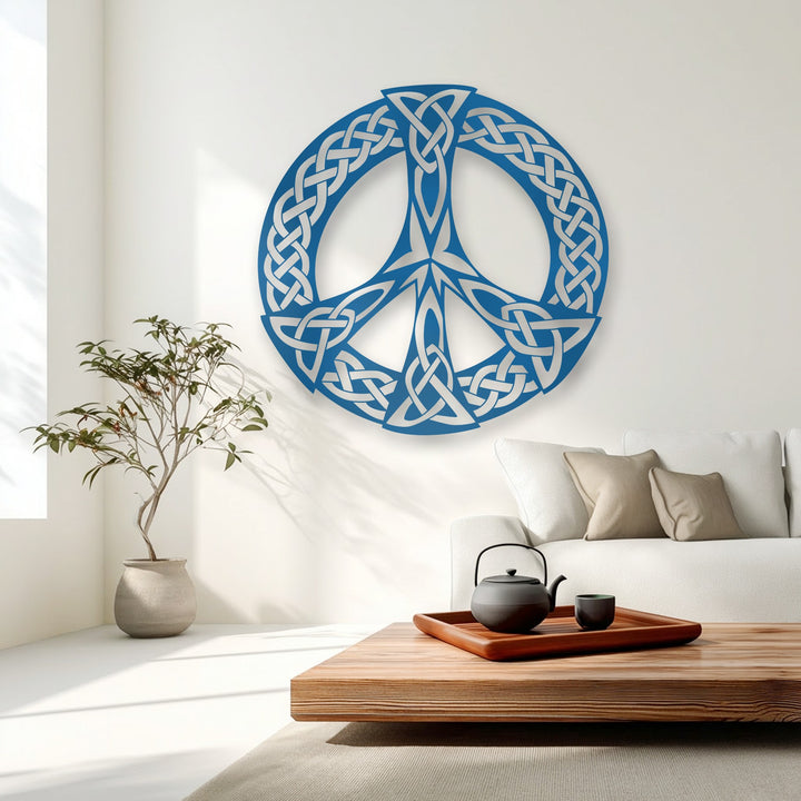 The intricate negative space defines the stylized azure Celtic knot peace symbol, forming a captivating metal artwork.