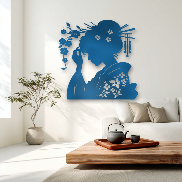 The elegant geisha decoration wall art showcases a striking transition from vibrant cerulean to pristine white, featuring subtle silver floral details.
