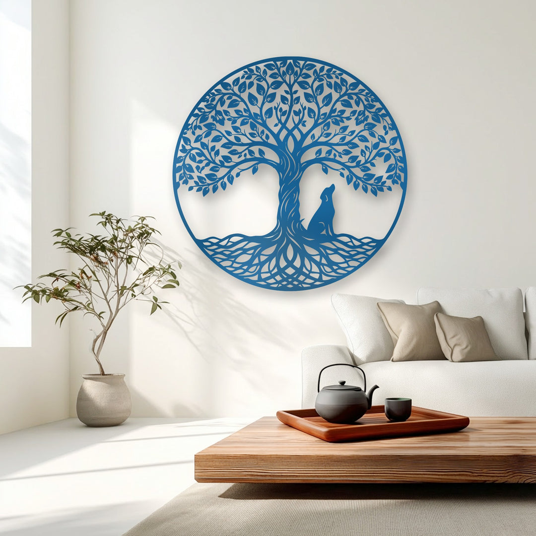 The azure Tree of Life with Wolf decorative metal art exudes movement through its intricately flowing roots and the wolf's upward-gazing silhouette.