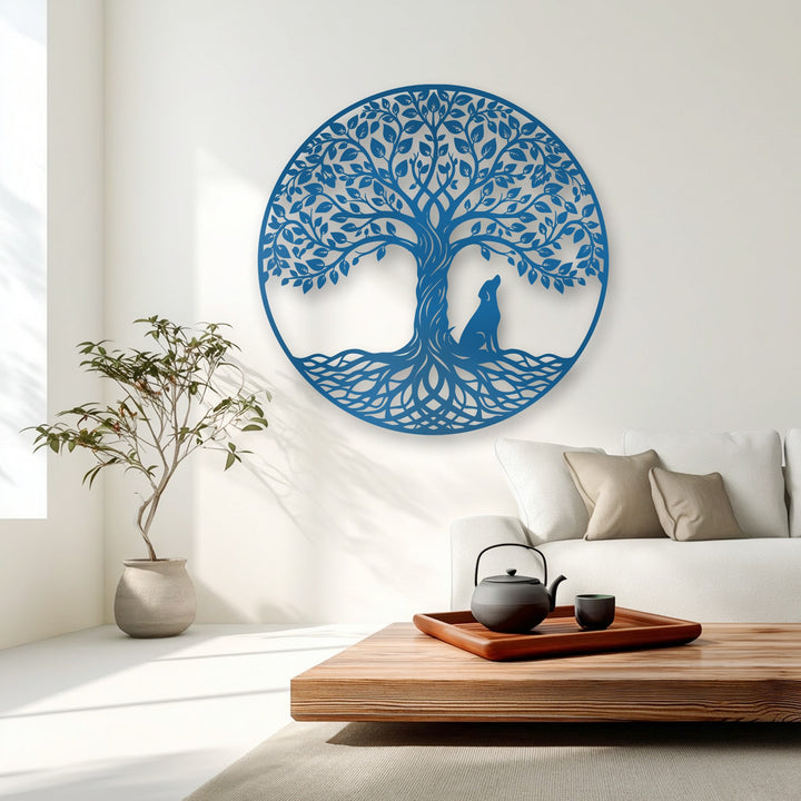 The azure Tree of Life with Wolf decorative metal art exudes movement through its intricately flowing roots and the wolf's upward-gazing silhouette.