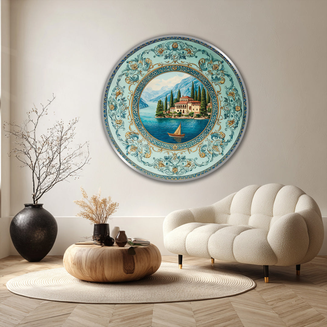lakefront villa round wall art