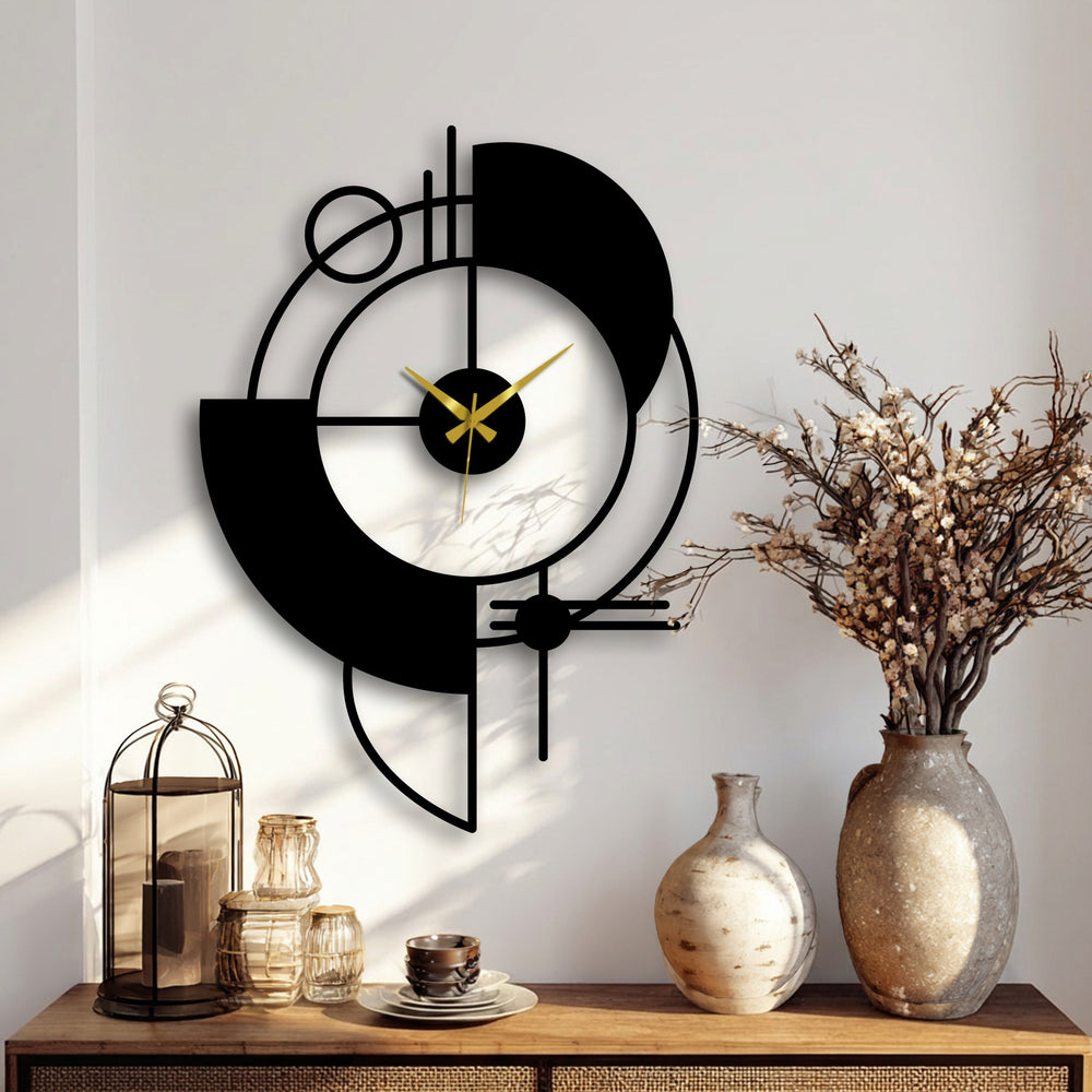 Subtle light and shadow play across the abstract geometric metal artwork clock, accentuating its modern design as it hangs on the wall.