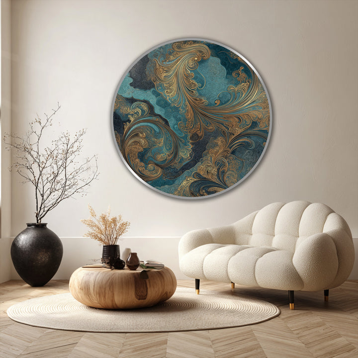 Visual rhythm echoes through the gilded swirls of this abstract teal round oil painting, creating captivating oil painting home decor with rich depth.