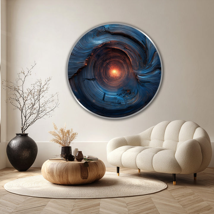 Concentric circles and swirling geometric forms define this modern oil painting art, featuring an abstract blue spiral composition on wood with a radiant, centralized glow.