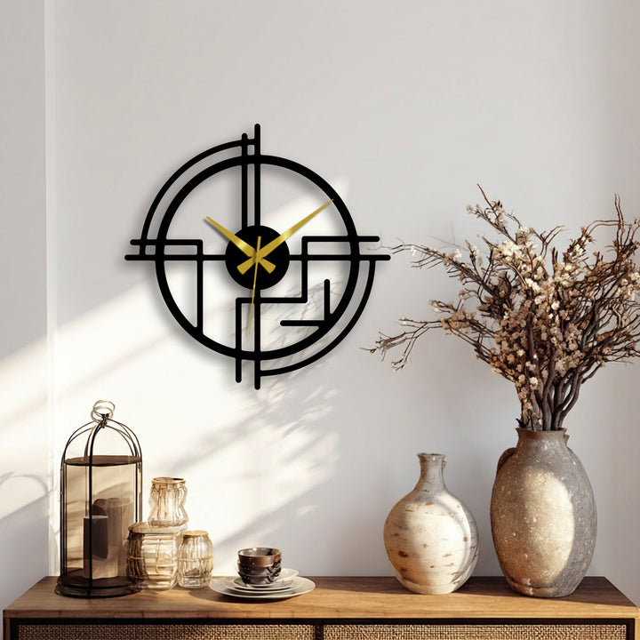 Featuring an abstract quality, the modern line metal artwork wall clock showcases gold hands and linear forms in a captivating minimalist design.