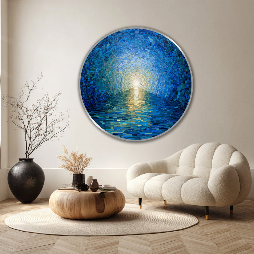 Radiant Horizon oil painting artwork showcases a captivating transition from deep blues to golden yellows, creating a mesmerizing mosaic ocean effect.