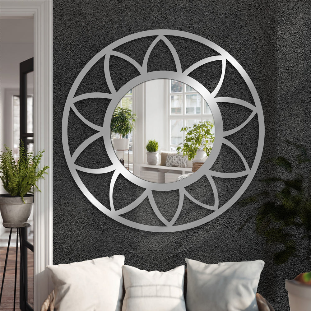 Revealing the bathroom mirror with realistic detail in its petal frame and crystal-clear reflection of the bright indoor scene.