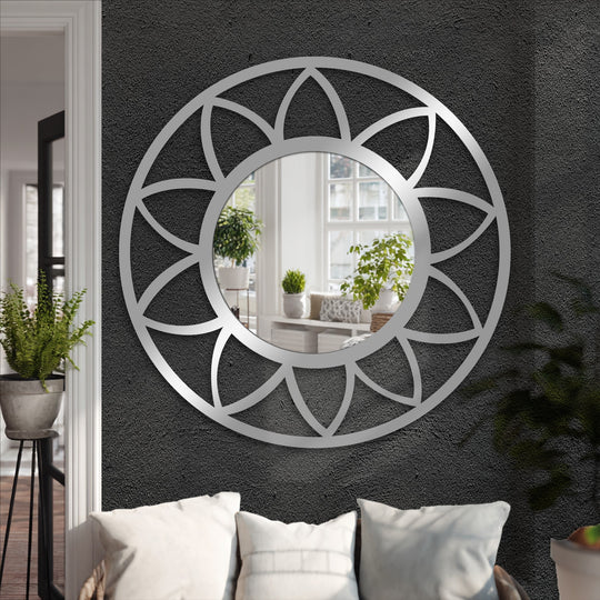 Revealing the bathroom mirror with realistic detail in its petal frame and crystal-clear reflection of the bright indoor scene.