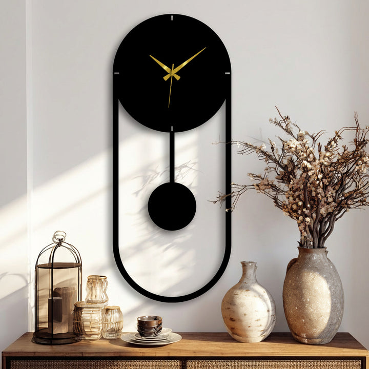 Standing out with a bold contrast, the modern minimalist pendulum metal wall clock features a unique metal wall art design that's hard to ignore with its stark lines.