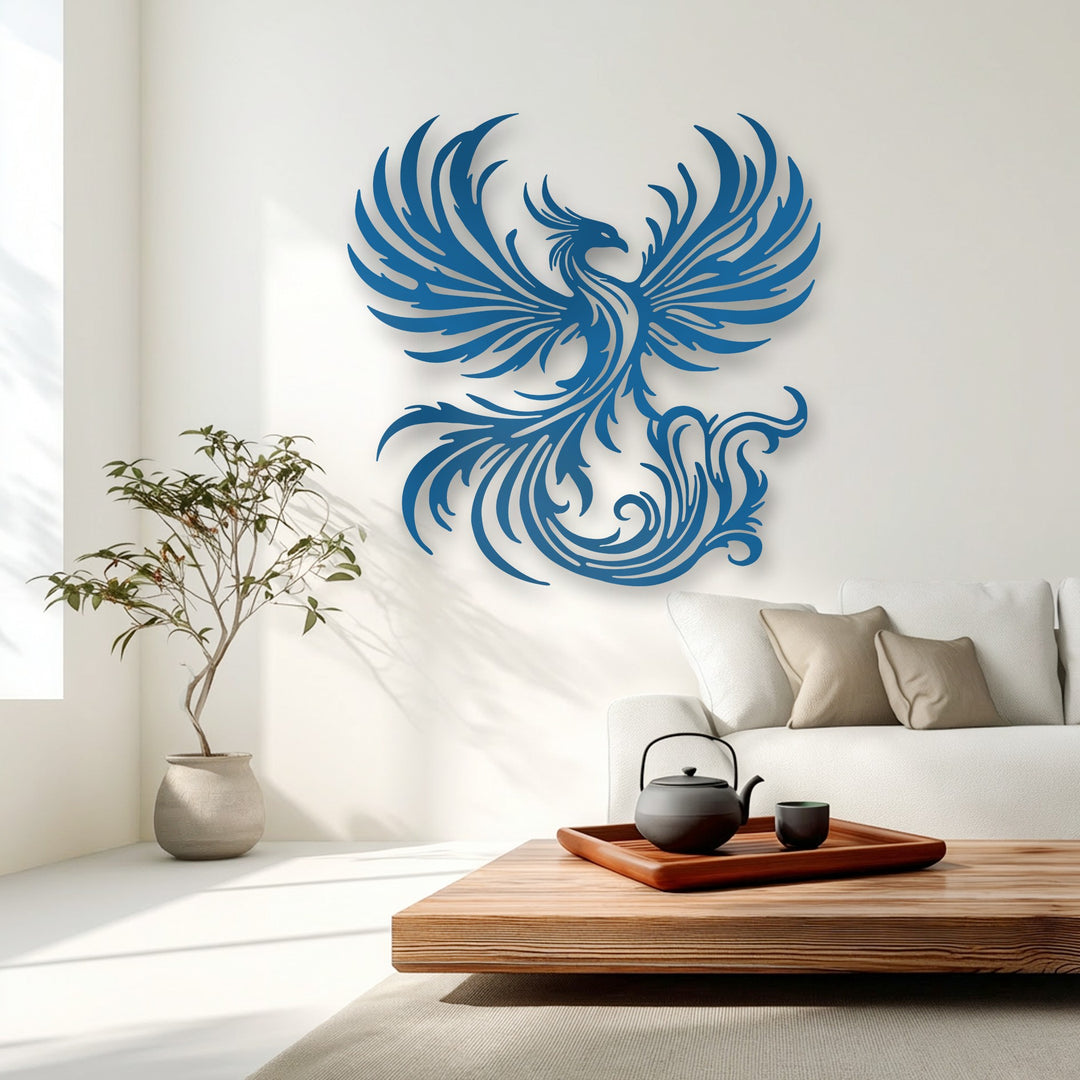 Organic forms elegantly shape the vibrant blue phoenix, a captivating decorative metal art piece with swirling wings and a flowing tail.