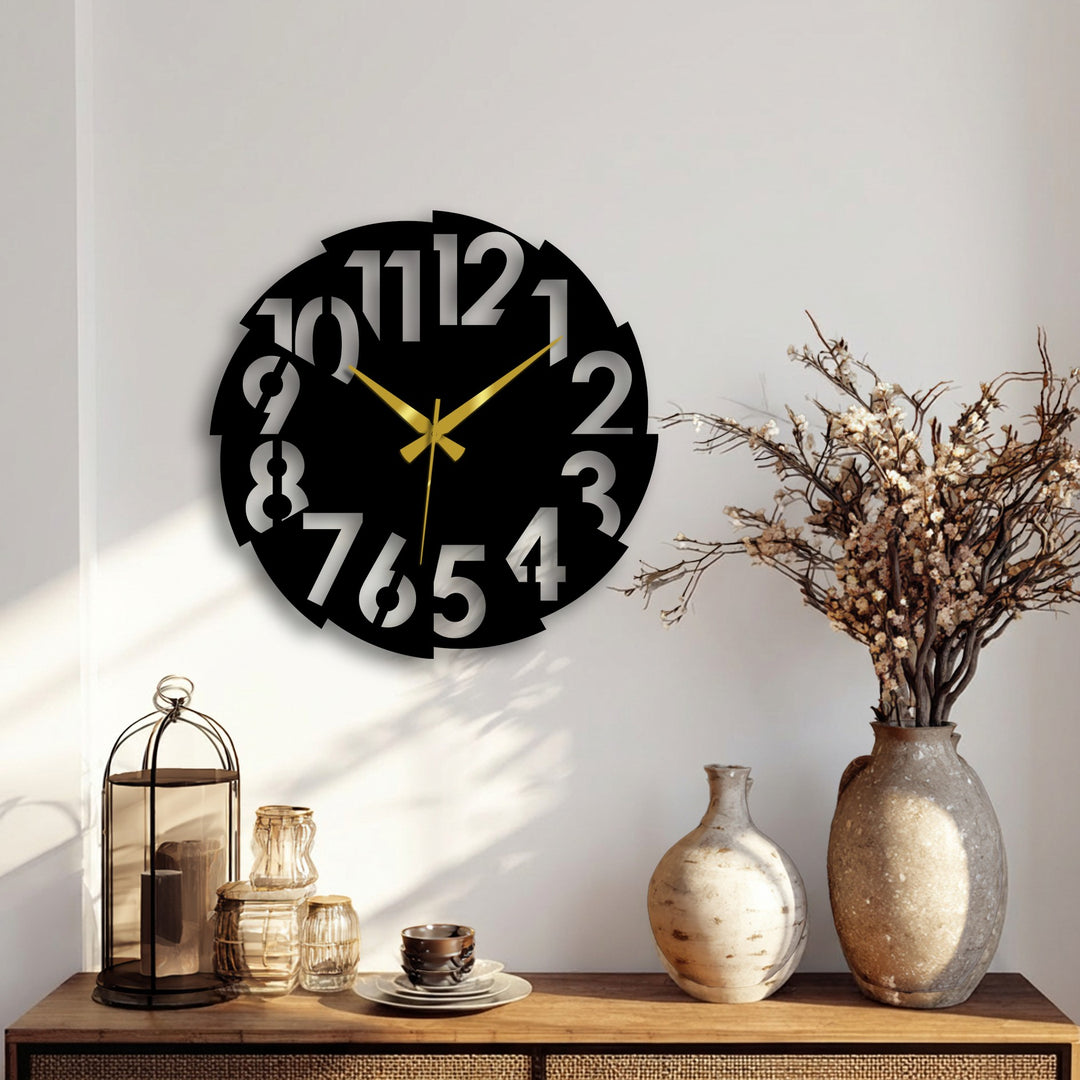 Alternating spaces and bold numerals create a dynamic visual rhythm in this modern split number metal art for wall clock, a large decorative piece that enhances contemporary spaces.